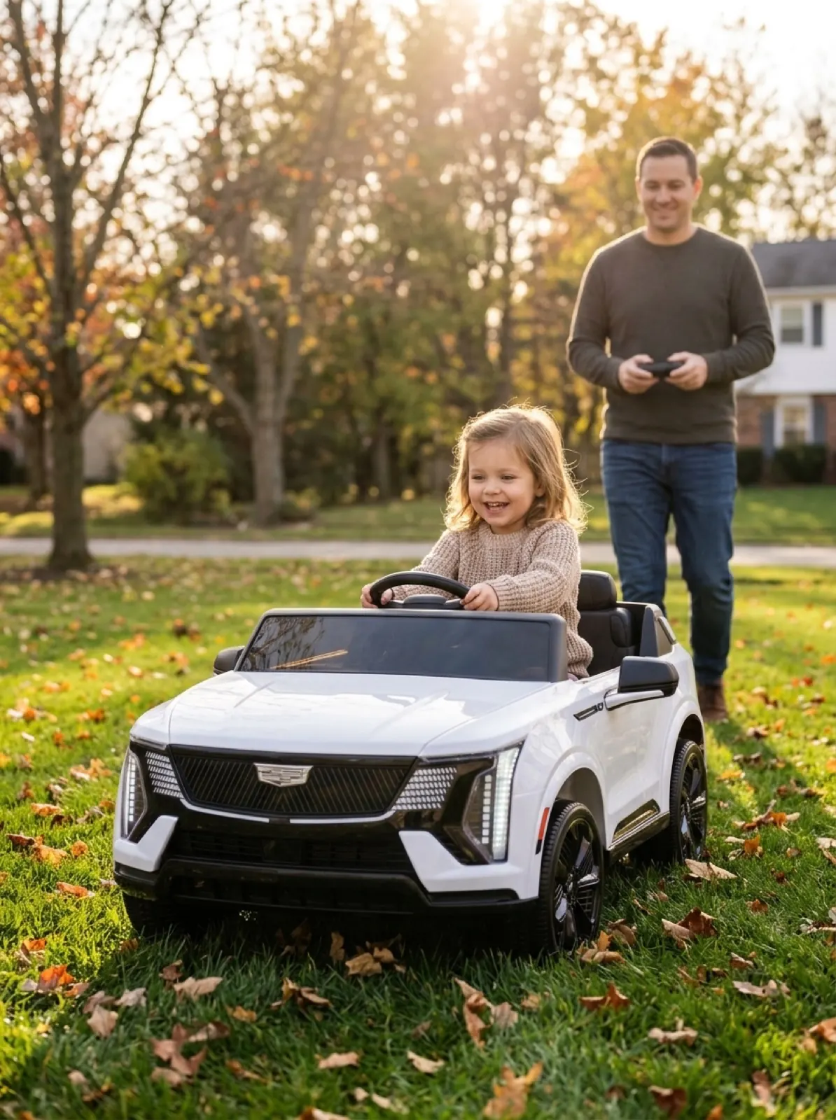 Little girl driving a white licensed Cadillac ride-on while her father holds the parental remote