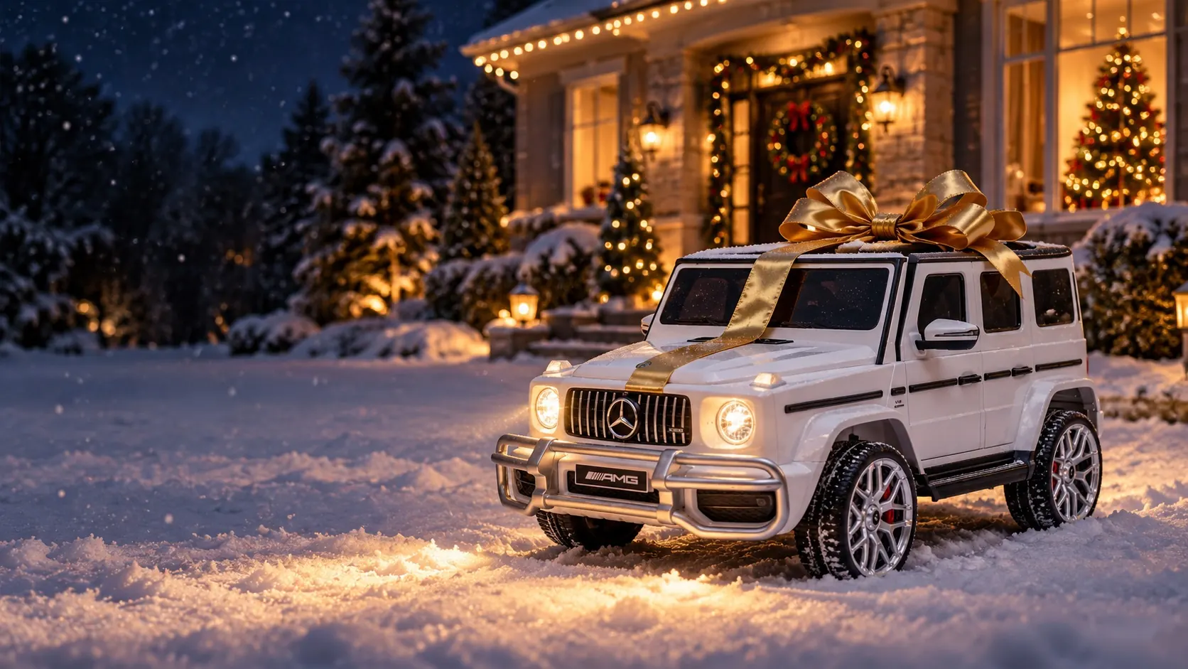 White licensed Mercedes-AMG G63 kids ride-on car with a gold bow in the snow on Christmas Eve