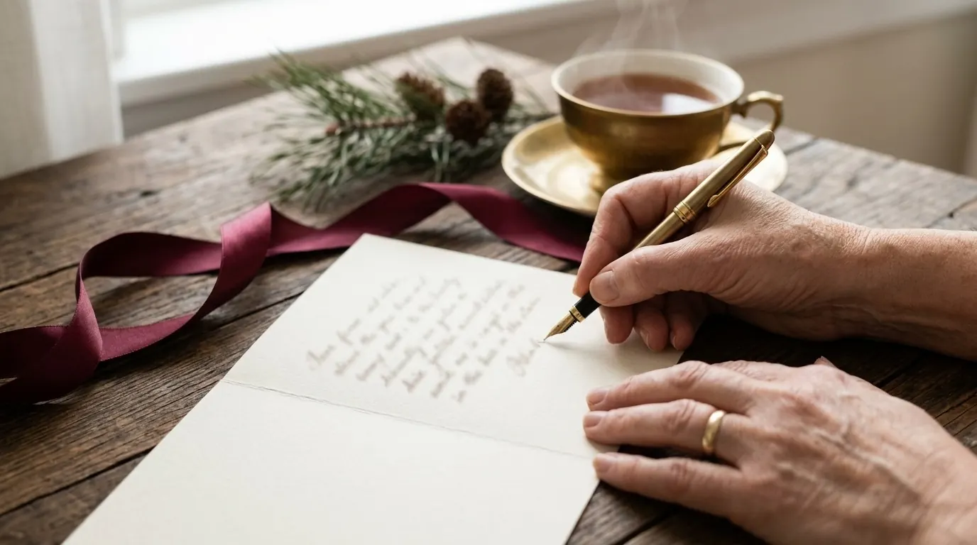 Grandmother writing a personal note on a cream card with a burgundy ribbon