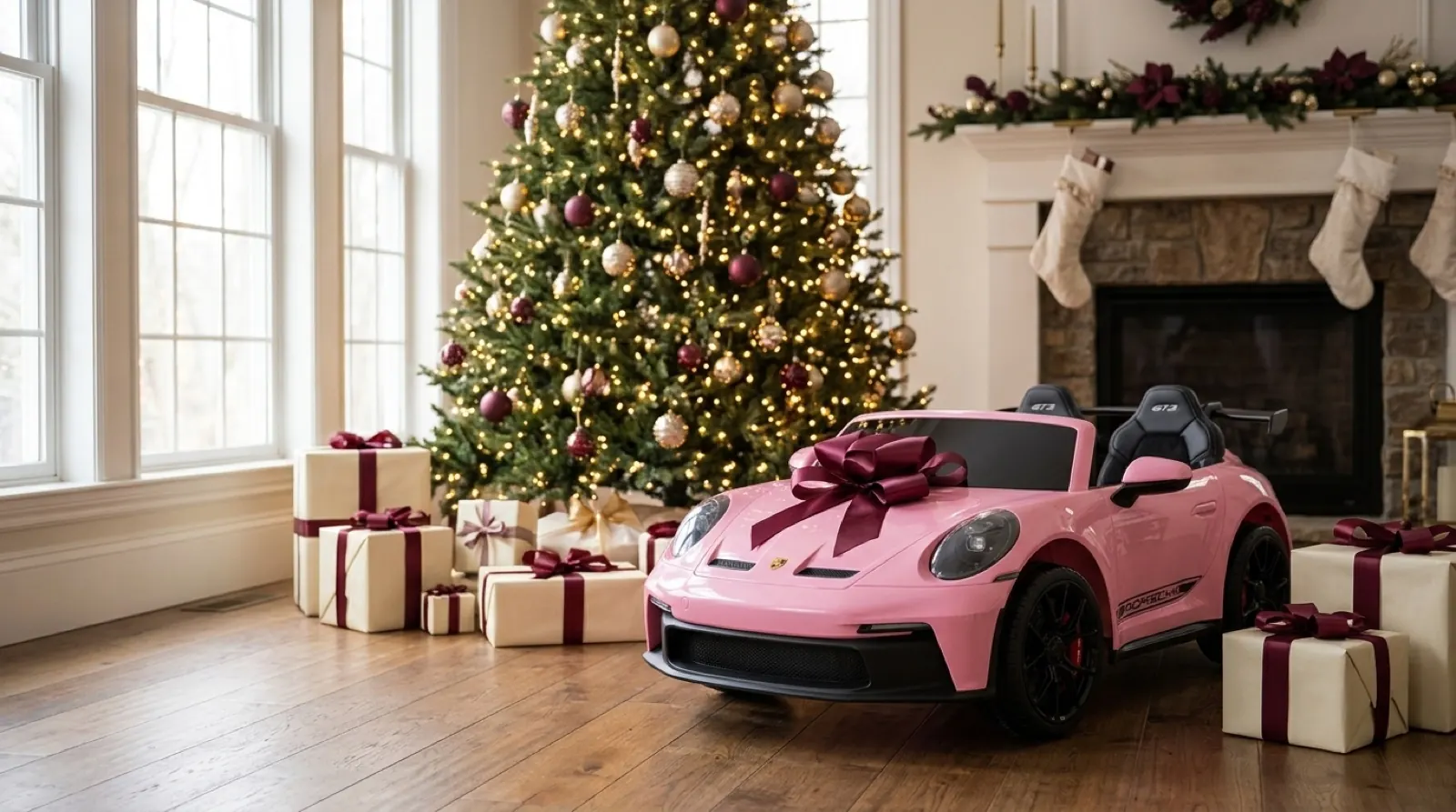 Pink licensed Porsche 911 kids ride-on with a burgundy bow next to the Christmas tree