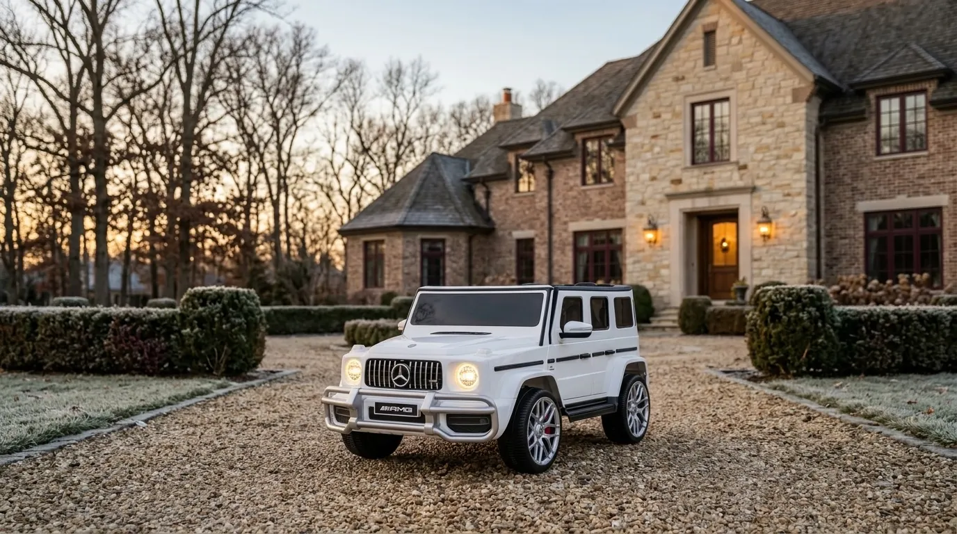 White licensed Mercedes-AMG G63 kids ride-on parked on the gravel driveway of a stately home at golden hour